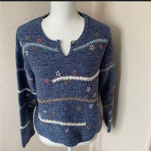 J. Jill Blue Embroidered Scoop Neck Sweater